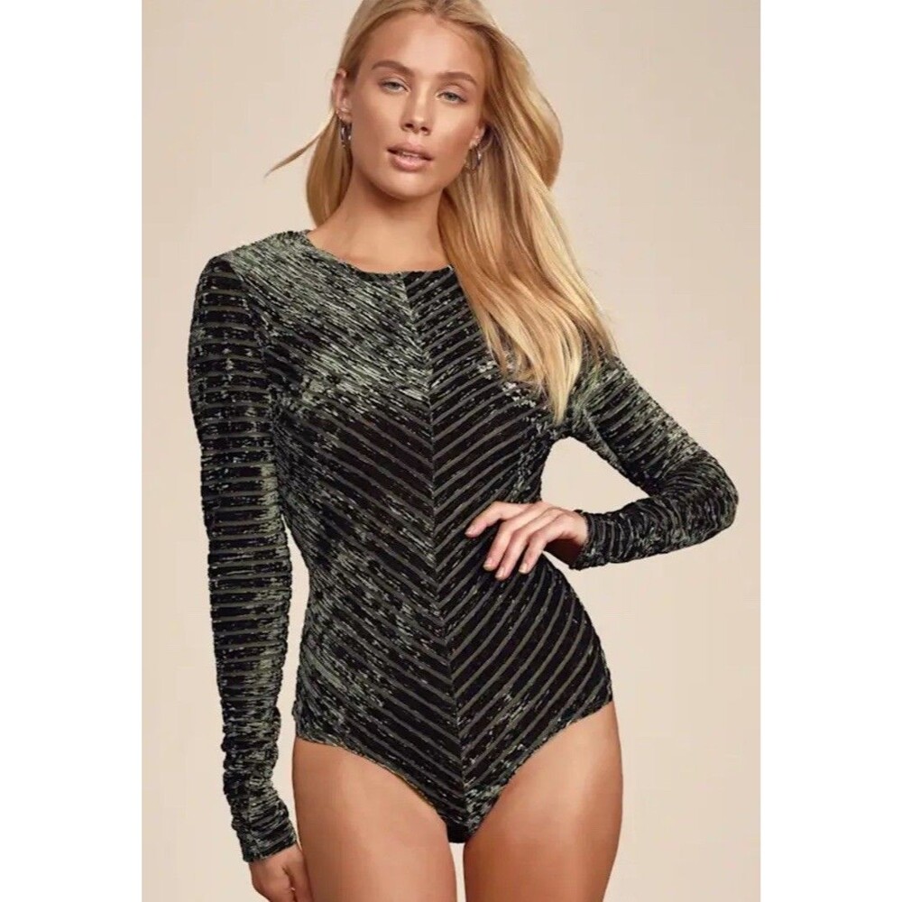Lulus Bodysuit M Save the Date Velvet Stripe Burnout Green Long Sleeve